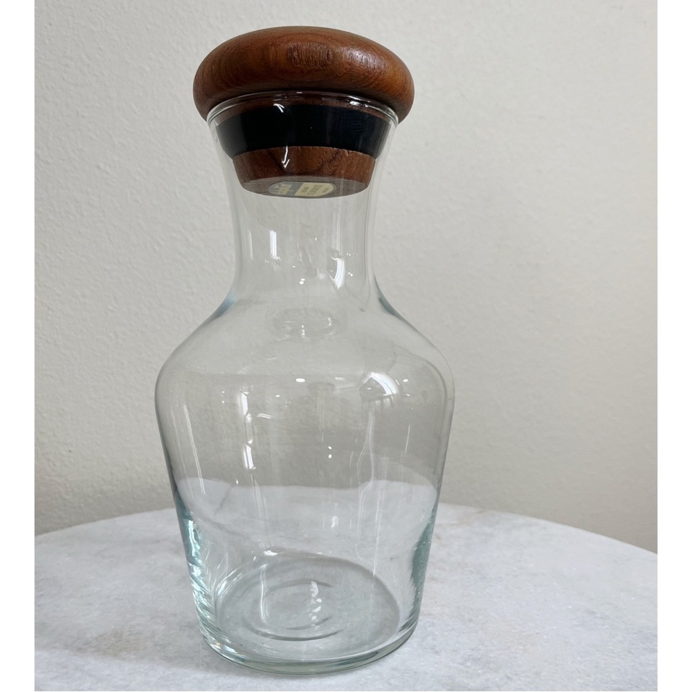 Vintage MCM Dolphin Glass Decanter with Teakwood Lid - Thailand 8”